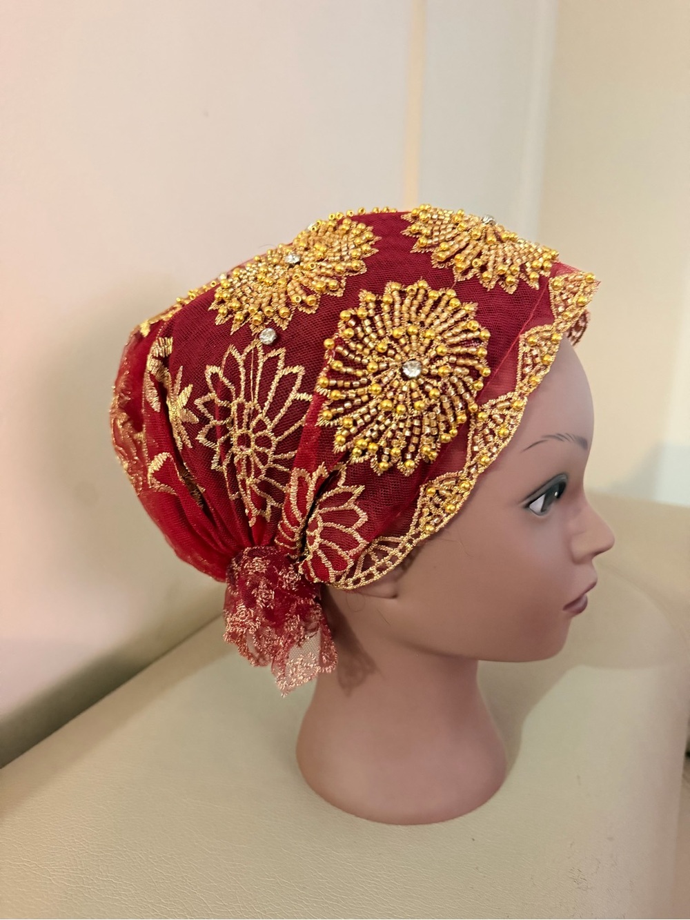 Red and Gold Embroidered Headscarf with Beaded Accents